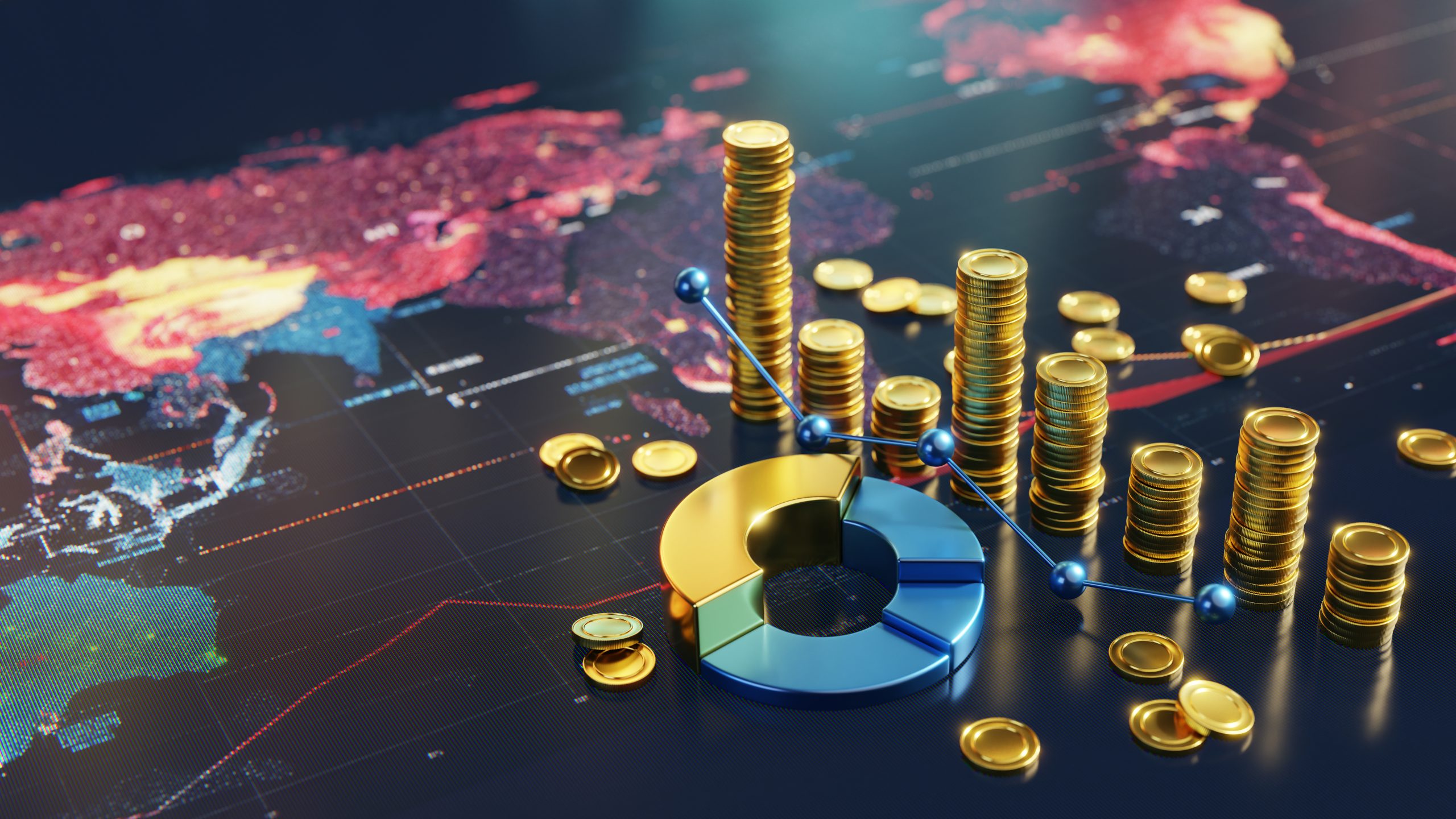 Global Financial Trends Displayed Through Coins, Graphs, and a World Map Visualization